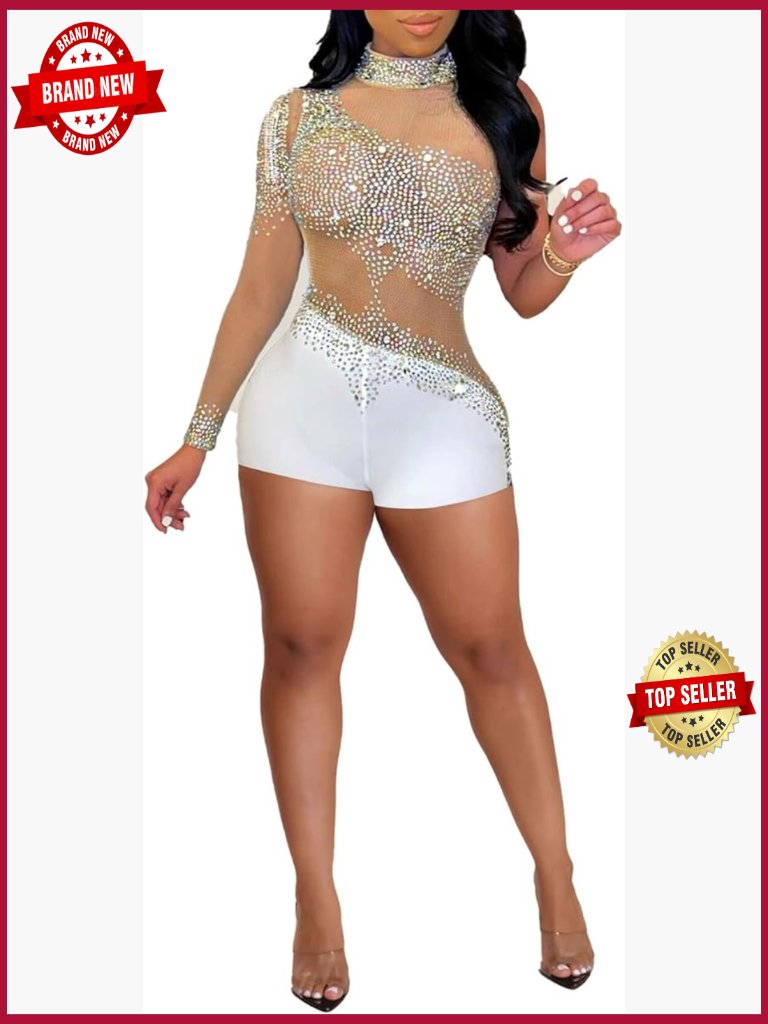 Sexy Rhinestone Mesh Bodycon Jumpsuit Party Club Night Romper